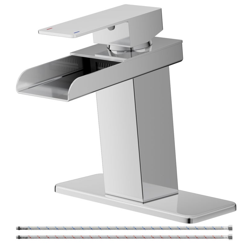 BATHLAVISH Waterfall Bathroom Faucet One Hole, Chrome Modern Single Handle Bathroom Faucets for 1 or 3 Hole Bathroom Sink Faucet Washbasin Faucet Mixer Tap with Deck and 2 Hoses - Image 1